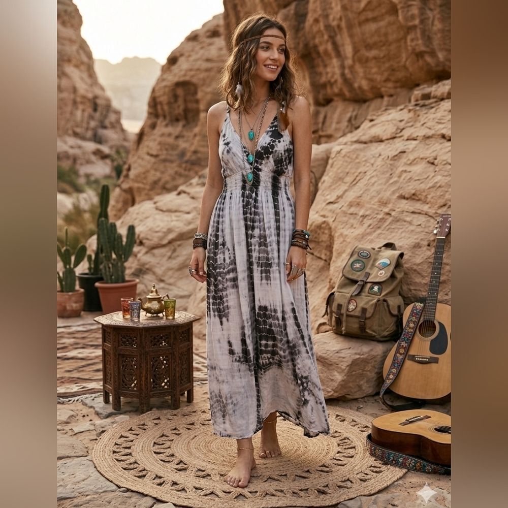 S.L. Fashions Black & White Tie-Dye V-Neck Maxi Dress